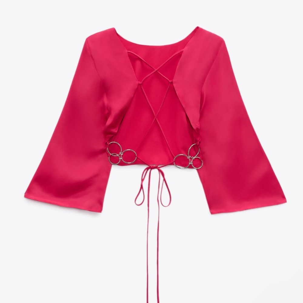Zara Hot Pink Backless LS Tie Back Crop Top Satin - M